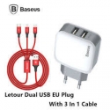 .   Baseus Dual U Charger+3 in 1 Cable(iP+Micro+Type-C) 1,2m White/Red Charge Set